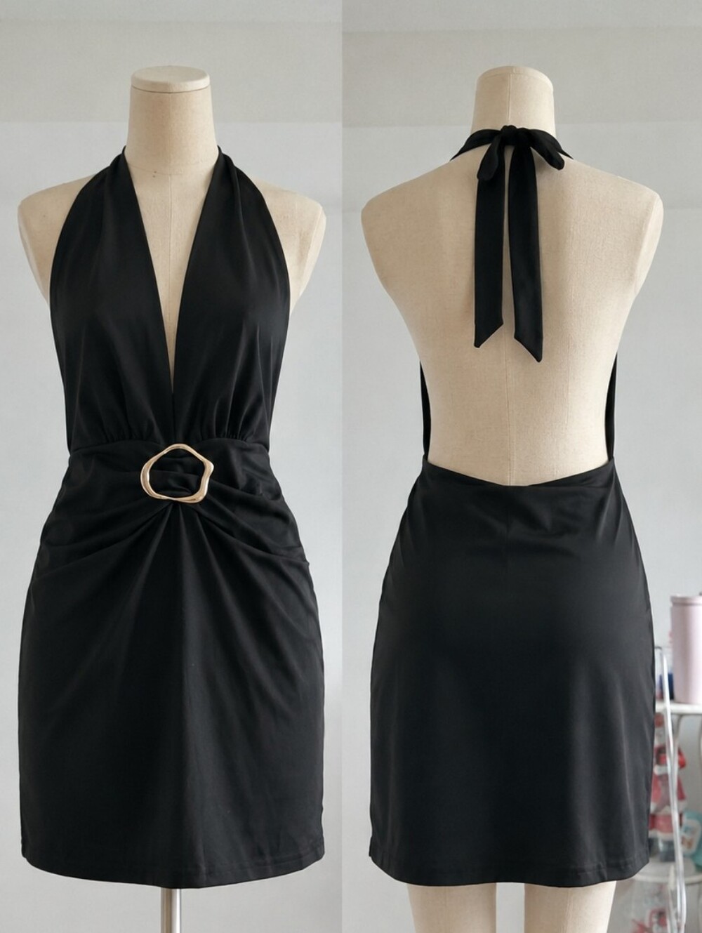 Chic Black Halter Mini Dress with Gold Buckle